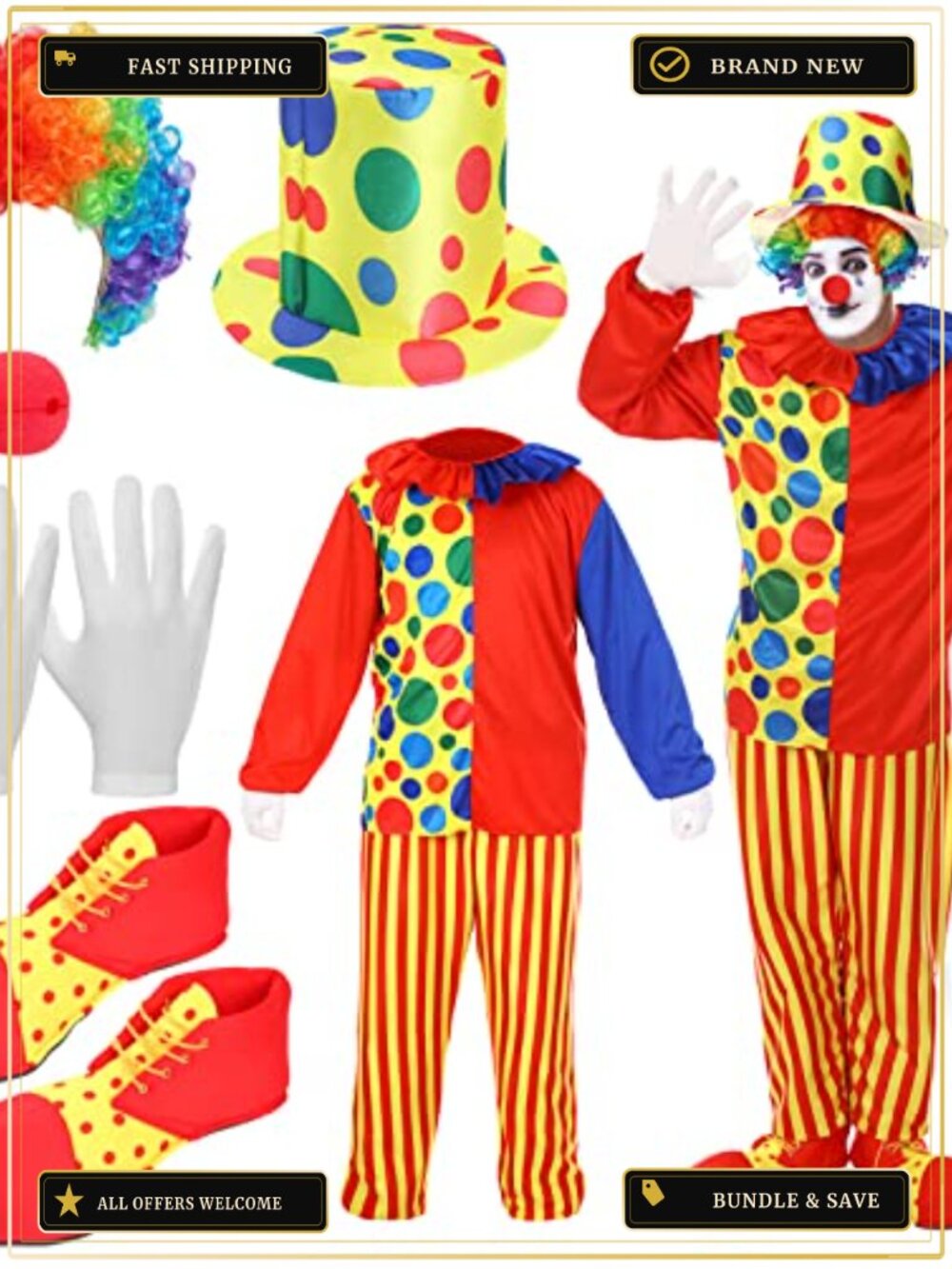 Clown Costume Set Adult XL 6 Piece with Wig Nose Hat Shoes Gloves Halloween